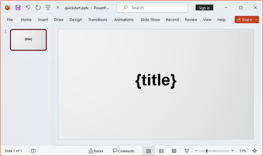 A minimal PowerPoint slide that says {title}